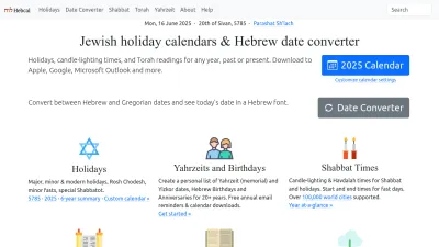 Screenshot preview of hebcal.com