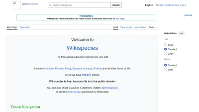 Screenshot of Species.wikimedia.org