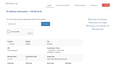 Screenshot of Ipinfodb.com