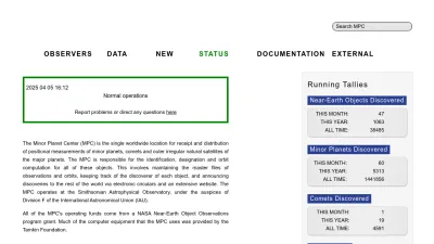 Screenshot of Minorplanetcenter.net