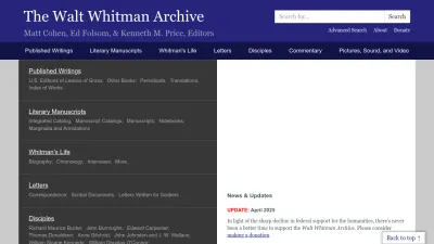 Screenshot of Whitmanarchive.org