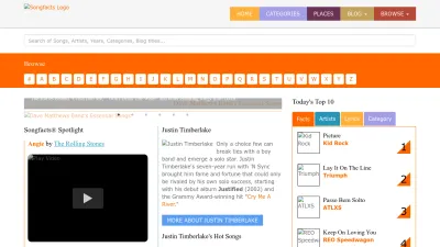 Screenshot of Songfacts.com