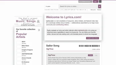 Screenshot preview of lyrics.com