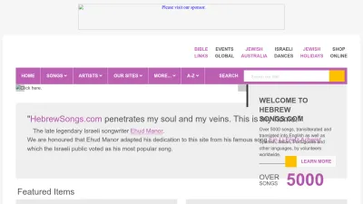 Screenshot preview of hebrewsongs.com