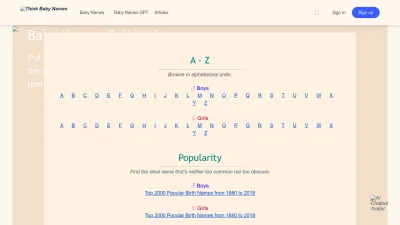 Screenshot preview of thinkbabynames.com