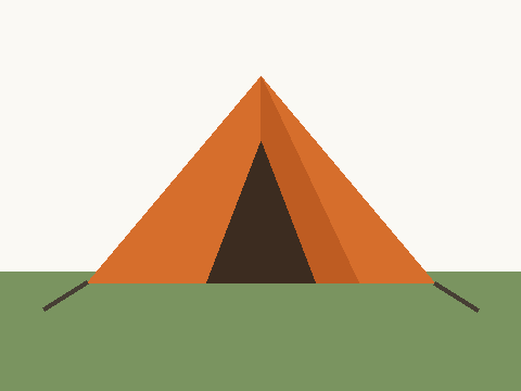 Orange two-person tent pitched on grass with guy lines out