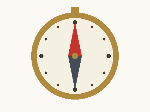 Brass compass with a red needle pointing up