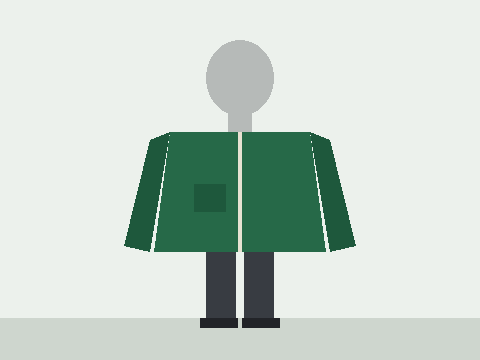 Drawn figure with no face, wearing a green waterproof jacket, for the size guide