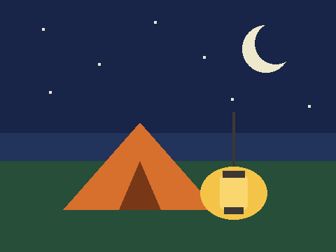 Illustration of a lit paper lantern beside an orange tent at night, under a crescent moon